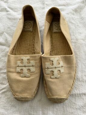 Tory Burch Neutral Canvas Logo Espadrille Flats